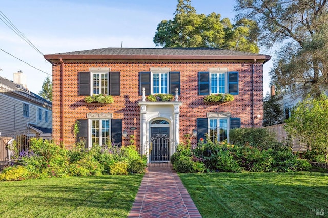 colonial inspired home with a front lawn