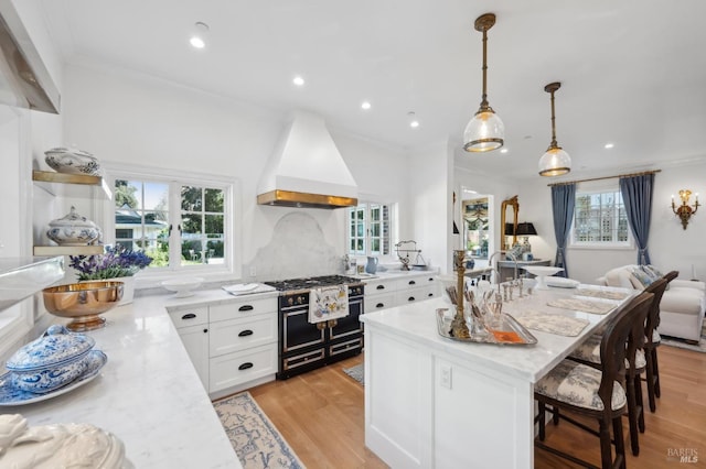 kitchen with premium range hood, tasteful backsplash, light stone counters, pendant lighting, and white cabinetry