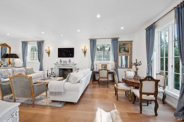 living room featuring light hardwood / wood-style flooring and ornamental molding