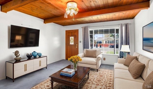 living room featuring beam ceiling, light carpet, and wood ceiling