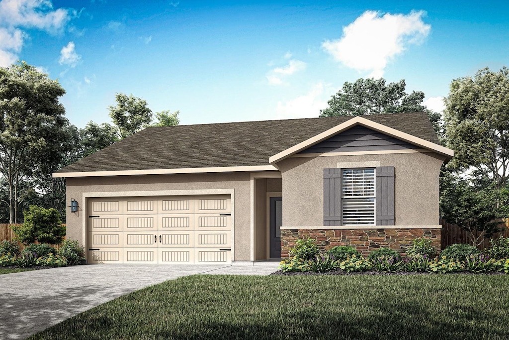 single story home featuring stucco siding, a front lawn, a garage, and driveway