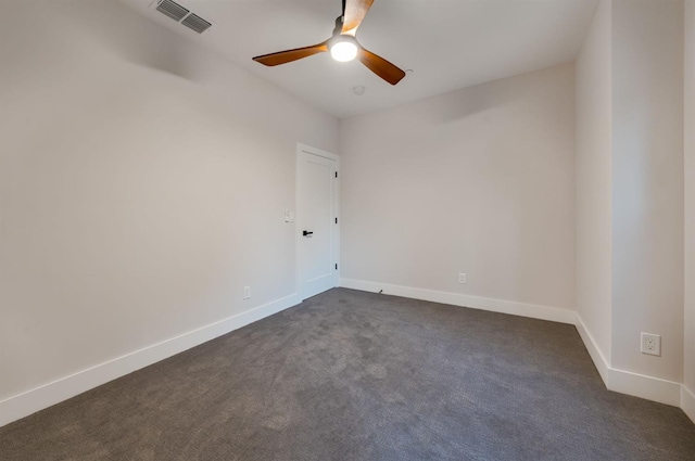 spare room featuring ceiling fan and dark carpet