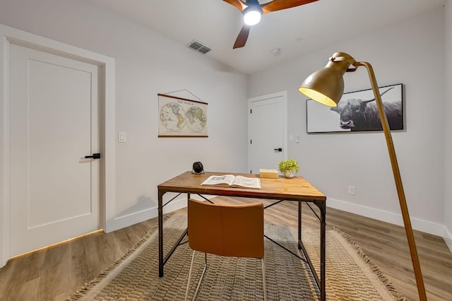 office area featuring ceiling fan and hardwood / wood-style floors