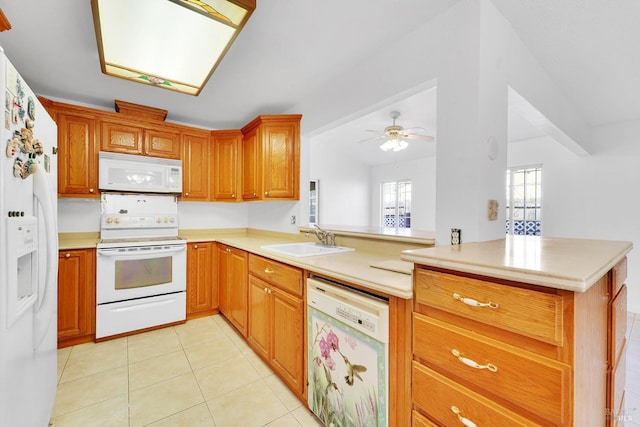 kitchen featuring white appliances, sink, ceiling fan, light tile patterned floors, and kitchen peninsula