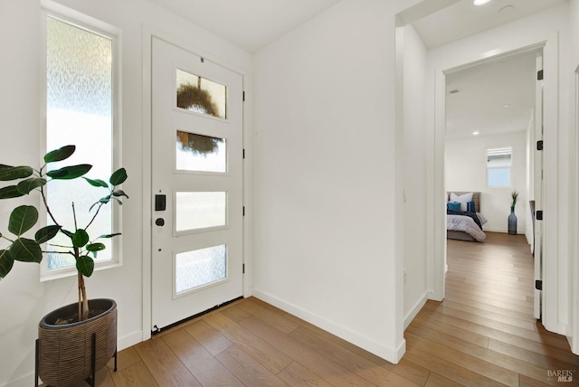 entrance foyer with light hardwood / wood-style flooring and a healthy amount of sunlight