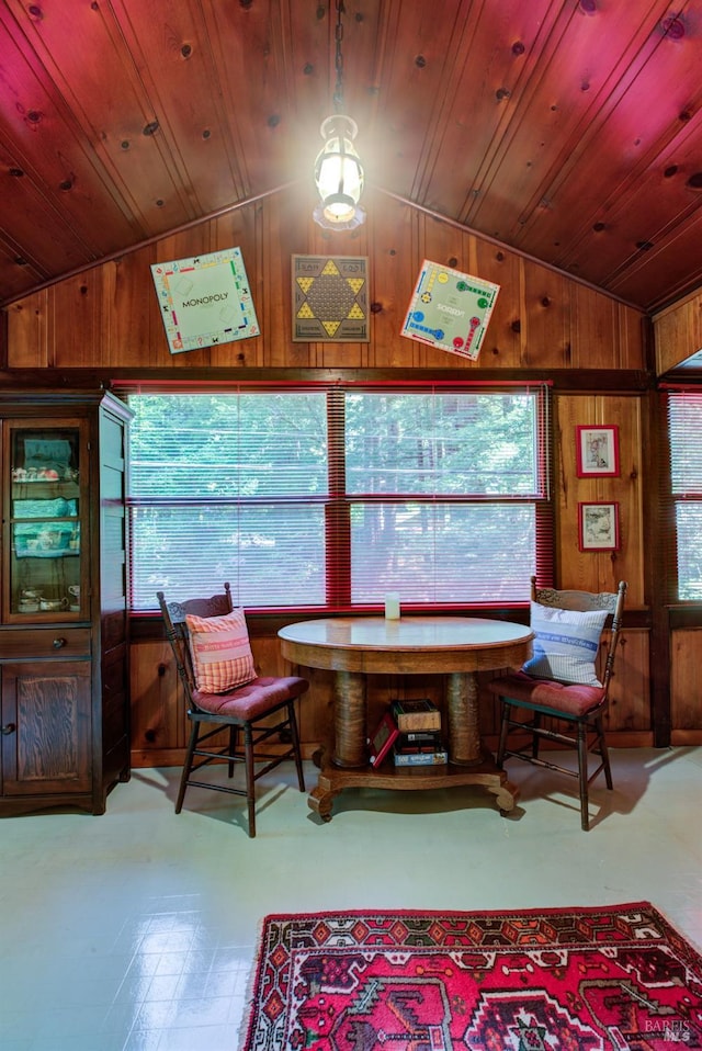 dining room with wood walls, vaulted ceiling, and a wealth of natural light