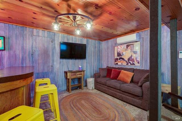 carpeted living area with an AC wall unit and wooden ceiling