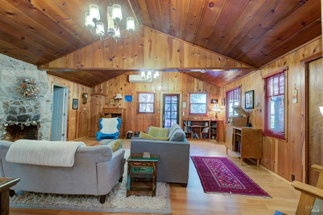 living area featuring lofted ceiling, wood ceiling, light wood-style flooring, and a notable chandelier