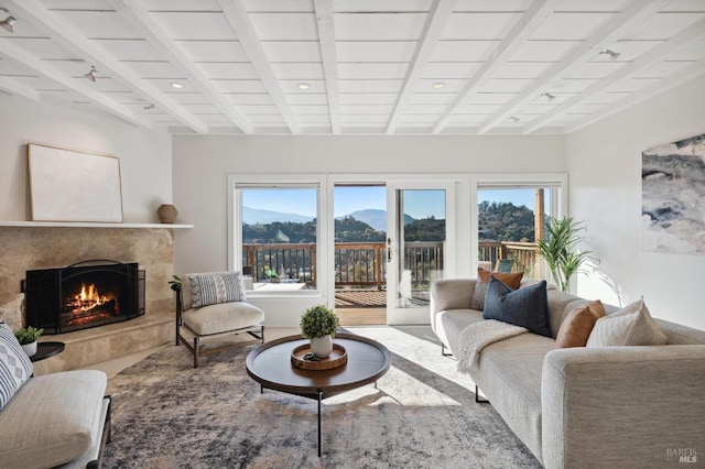 living room with beam ceiling, a mountain view, and a fireplace