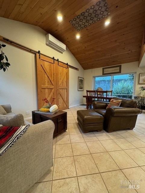 tiled living room with a barn door, high vaulted ceiling, wood ceiling, and a wall mounted air conditioner