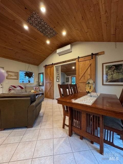 tiled dining room with vaulted ceiling, a barn door, wood ceiling, and an AC wall unit