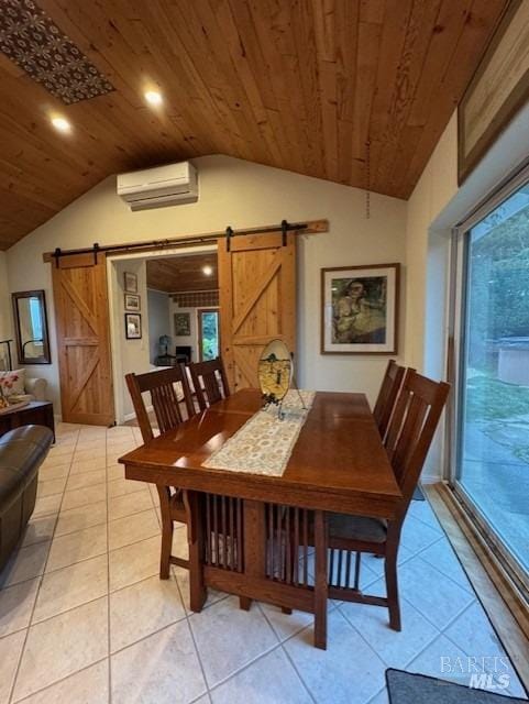 tiled dining room with a barn door, wood ceiling, a healthy amount of sunlight, and a wall unit AC