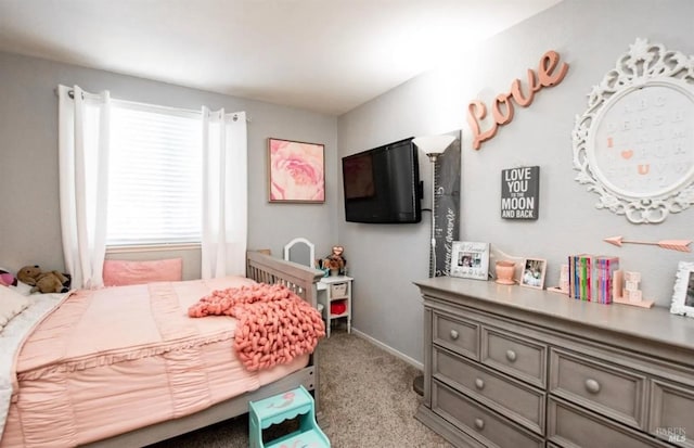 bedroom with light carpet