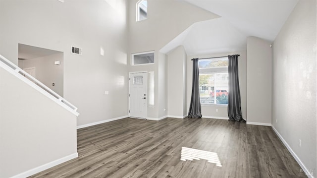 foyer featuring dark wood-type flooring and a high ceiling