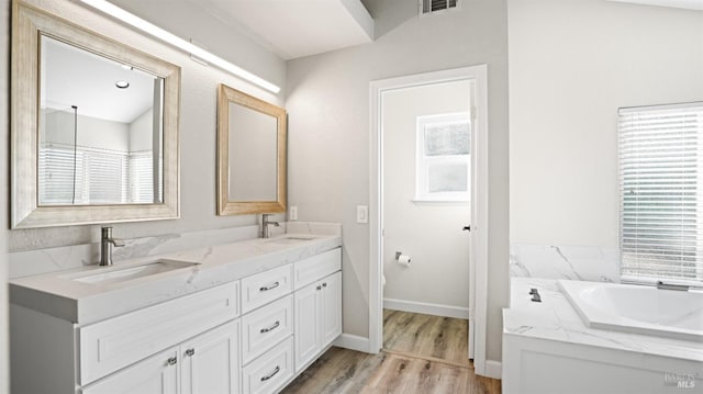 bathroom featuring wood-type flooring, vanity, a tub, and a healthy amount of sunlight