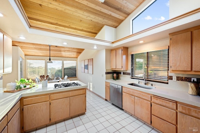 kitchen featuring appliances with stainless steel finishes, plenty of natural light, pendant lighting, and sink