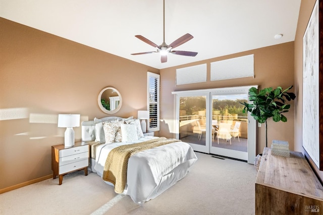 carpeted bedroom with access to exterior and ceiling fan