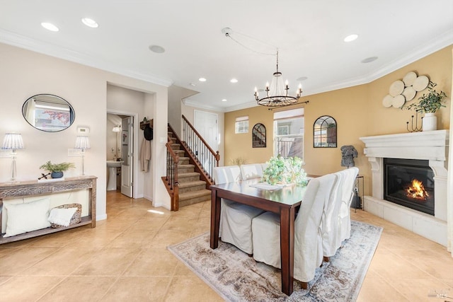 dining room with crown molding, sink, light tile patterned floors, and a notable chandelier