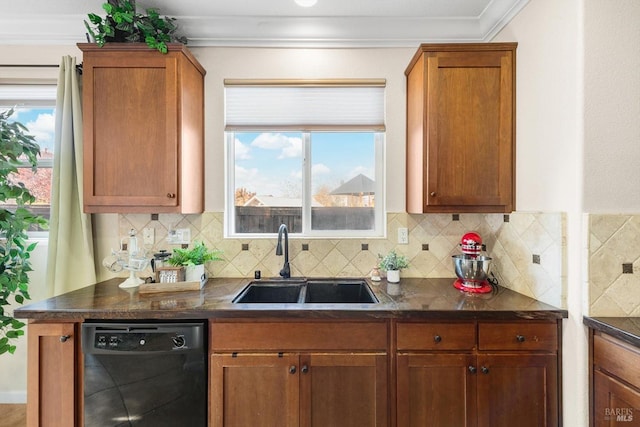 kitchen featuring dishwasher, sink, backsplash, and crown molding