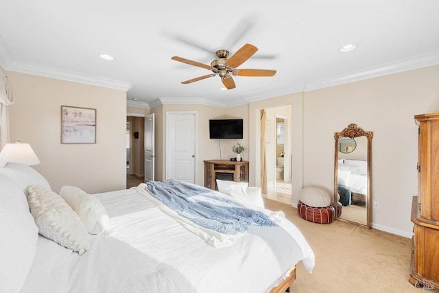 bedroom with light carpet, ornamental molding, and ceiling fan