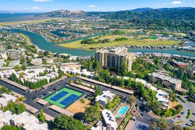 aerial view with a water and mountain view