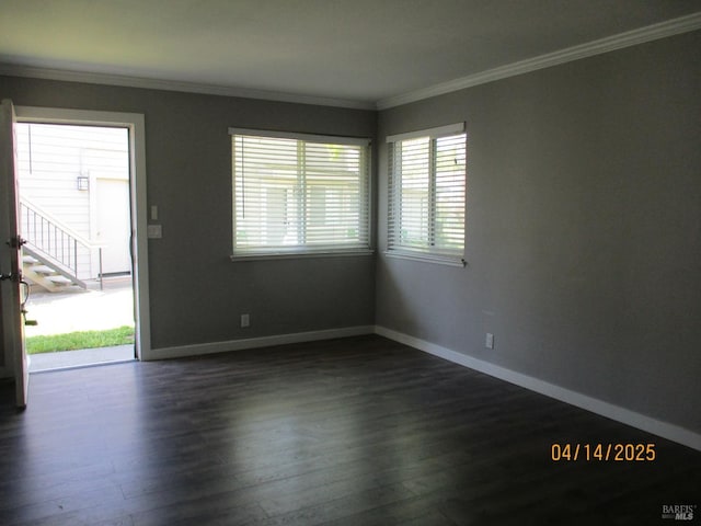 46 Tahoe Cir, Novato, CA 94947 - spare room with baseboards, ornamental molding, and dark wood-type flooring