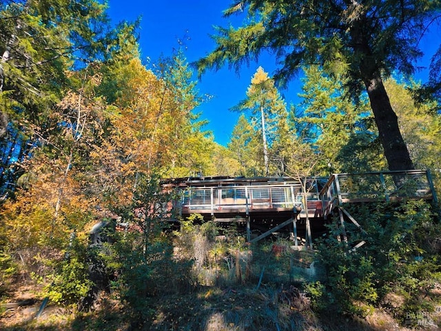 rear view of property with a deck and a view of trees