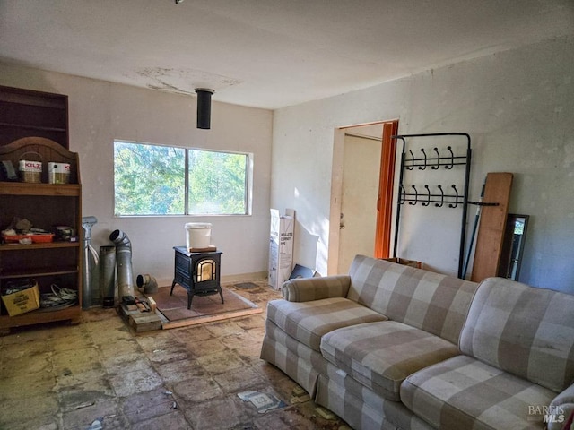 living room with a wood stove