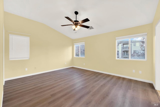 unfurnished room featuring hardwood / wood-style floors, ceiling fan, and lofted ceiling