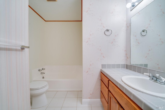 full bathroom featuring wallpapered walls, toilet, tile patterned flooring, vanity, and a bath