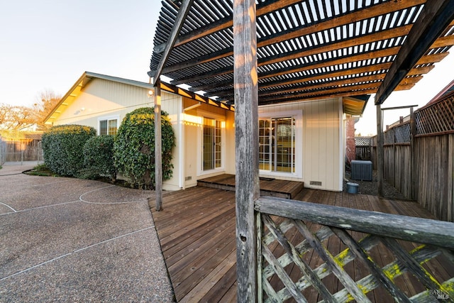 wooden deck with central AC, fence, and a pergola