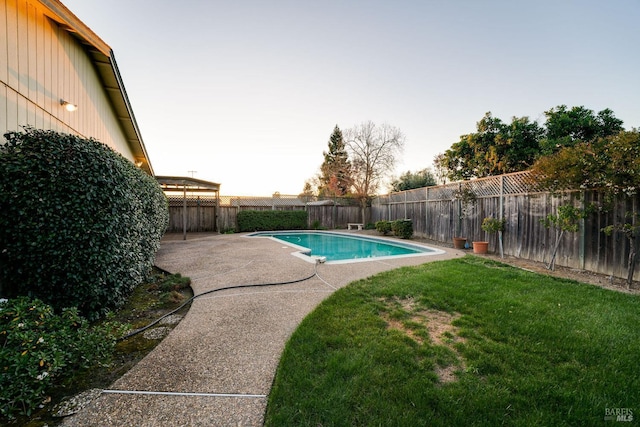 view of swimming pool featuring a patio, a lawn, a fenced backyard, and a fenced in pool