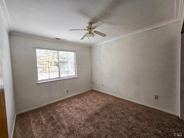 empty room featuring crown molding, carpet, a textured ceiling, and ceiling fan