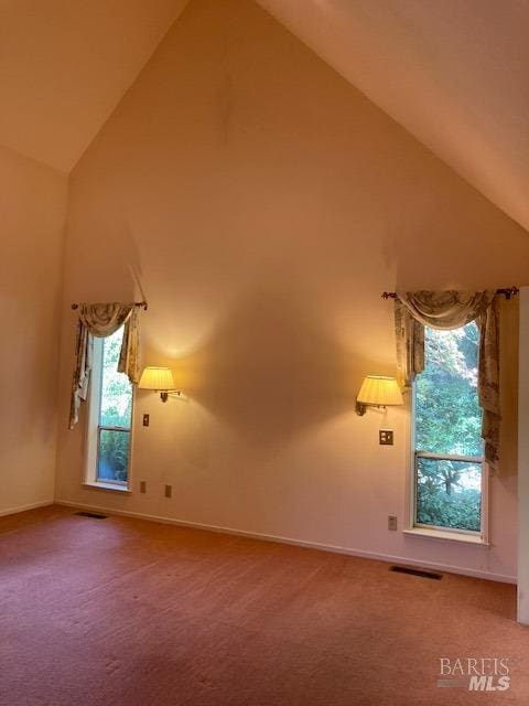 additional living space featuring high vaulted ceiling and carpet flooring