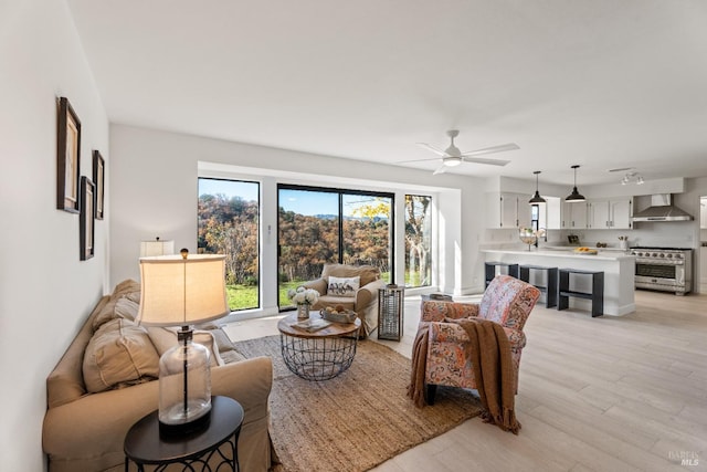 living room with ceiling fan and light hardwood / wood-style floors