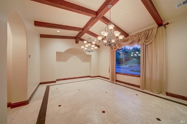 unfurnished dining area with lofted ceiling with beams and an inviting chandelier