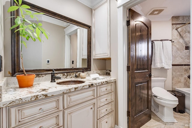 full bathroom featuring bathing tub / shower combination, vanity, and toilet