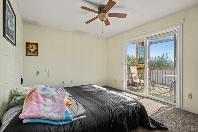 bedroom featuring carpet flooring, access to exterior, and ceiling fan