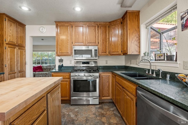 kitchen with butcher block counters, a healthy amount of sunlight, sink, and stainless steel appliances