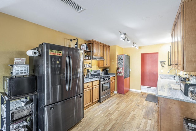 kitchen with stainless steel appliances, sink, and light wood-type flooring