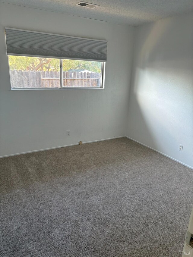 carpeted empty room featuring a textured ceiling