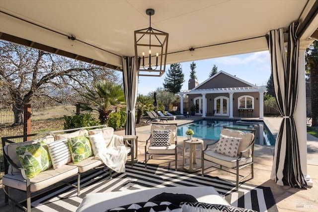 view of patio with an outdoor structure and an outdoor hangout area