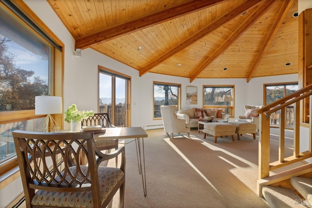 sunroom / solarium with lofted ceiling with beams, wooden ceiling, and a baseboard radiator