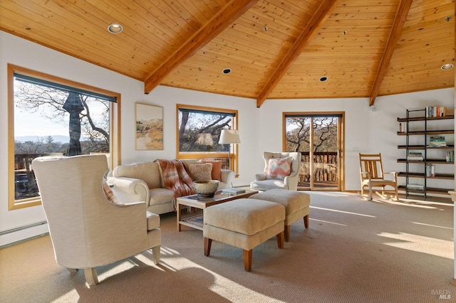 living room featuring beamed ceiling, light colored carpet, high vaulted ceiling, and wooden ceiling