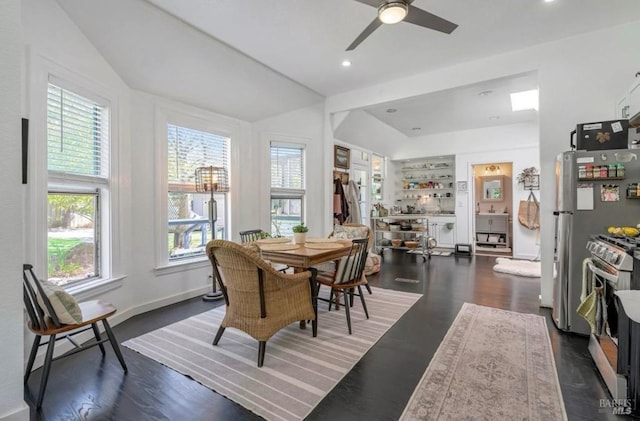 dining room featuring dark hardwood / wood-style flooring and ceiling fan