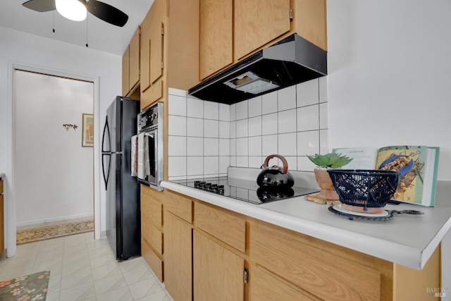 kitchen with ceiling fan, light brown cabinets, backsplash, light tile patterned floors, and black appliances