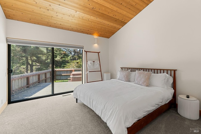 bedroom with carpet flooring, access to exterior, wooden ceiling, and high vaulted ceiling