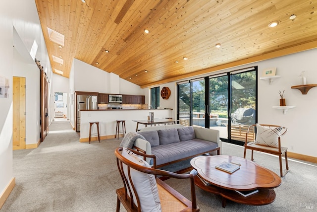 carpeted living room featuring wooden ceiling and high vaulted ceiling