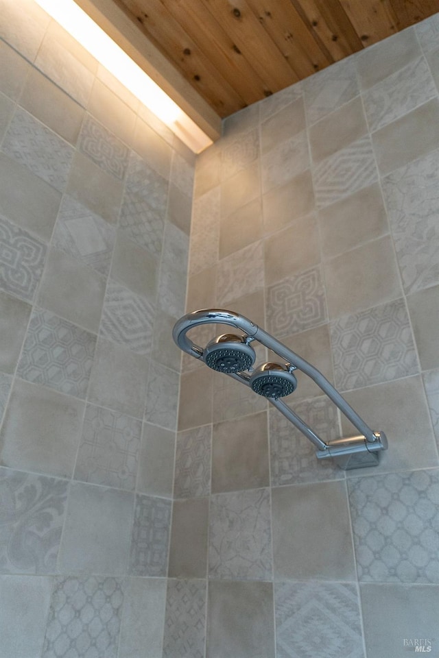 details featuring walk in shower and wooden ceiling