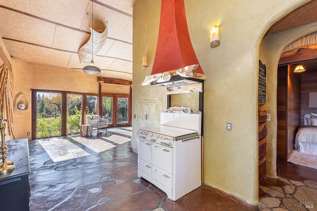 kitchen featuring island exhaust hood, electric range, and french doors